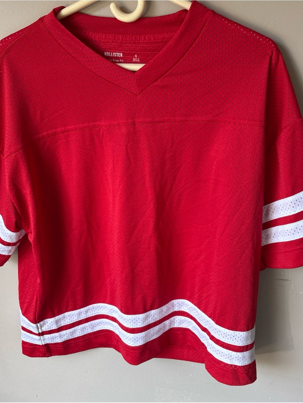 Hollister Red V-Neck Short-Sleeve Jersey with White Stripe Accents